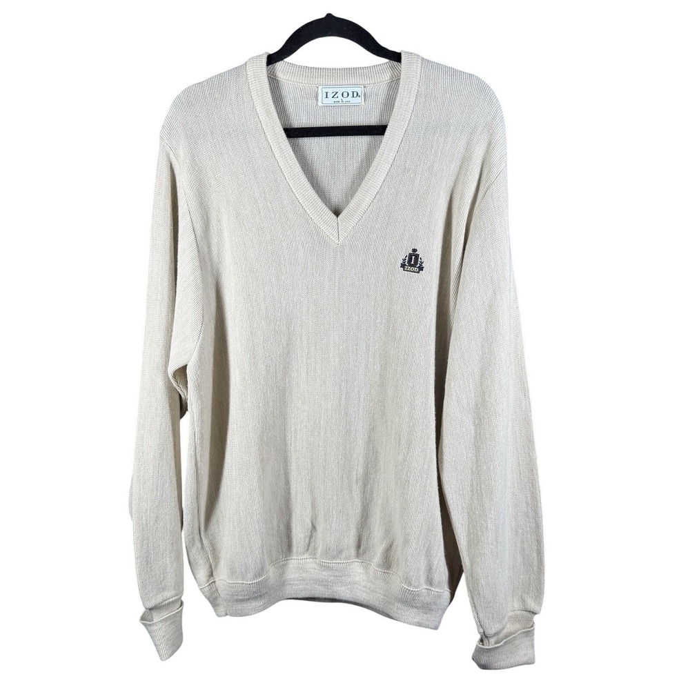 IZOD Sweater Mens L Beige V-Neck Long‎ Sleeve Pullover Made In USA
